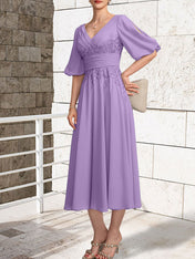 A-line V-Neck Tea-Length Lace Chiffon Mother of the Bride Dress With Pleated