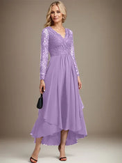 A-line V-Neck Asymmetrical Lace Chiffon Mother of the Bride Dress