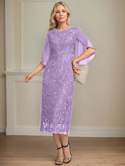 Sheath/Column Scoop Tea-Length Lace Chiffon Mother of the Bride Dress