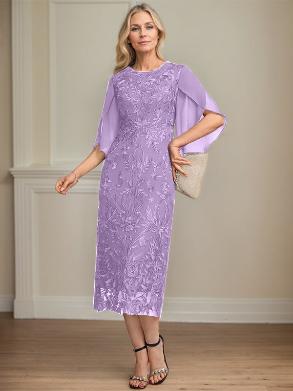 Column Scoop Tea-Length Lace Chiffon Mother of the Bride Dress