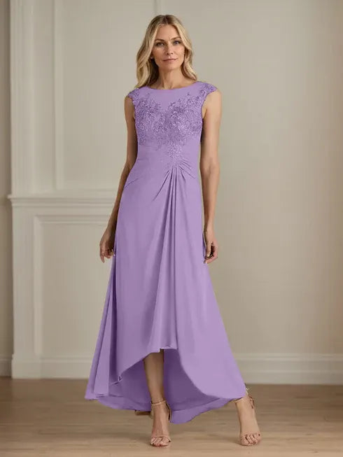 Champagne A-Line Scoop Lace Chiffon Dress