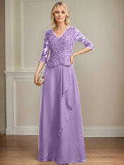 A-line V-Neck Floor-Length Lace Chiffon Mother of the Bride Dress With Cascading Ruffles Sequins