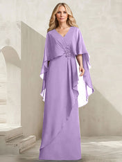A-line V-Neck Floor-Length Chiffon Mother of the Bride Dress With Cascading Ruffles Beading