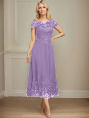 A-line Illusion Scoop Tea-Length Lace Chiffon Mother of the Bride Dress With Sequins