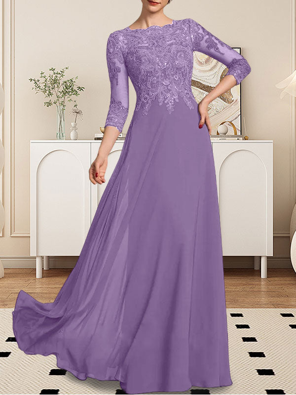 A-line Scoop Floor-Length Lace Chiffon Mother of the Bride Dress With Sequins