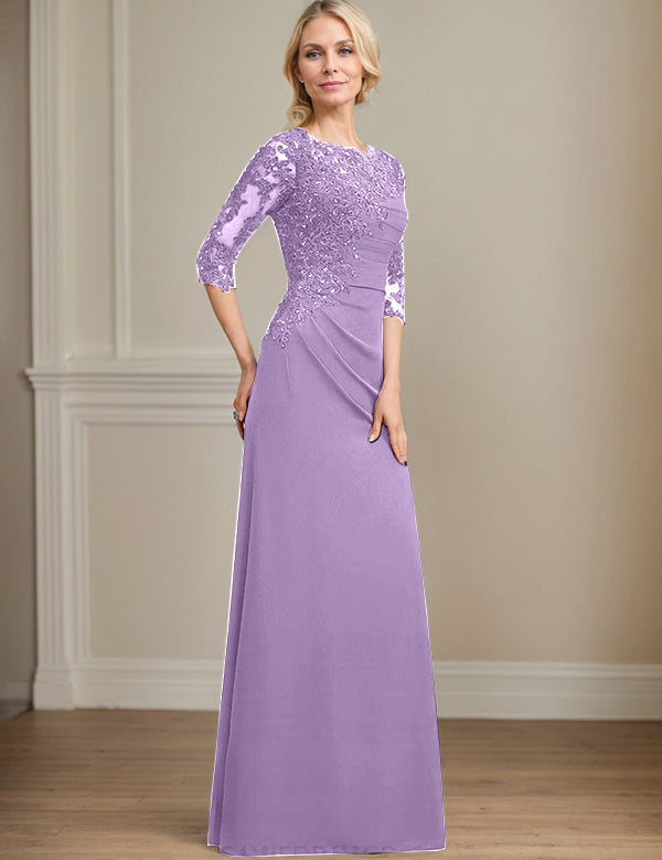 Robe de mère de la mariée trapèze en mousseline de soie et dentelle, longueur au sol, avec perles et paillettes plissées