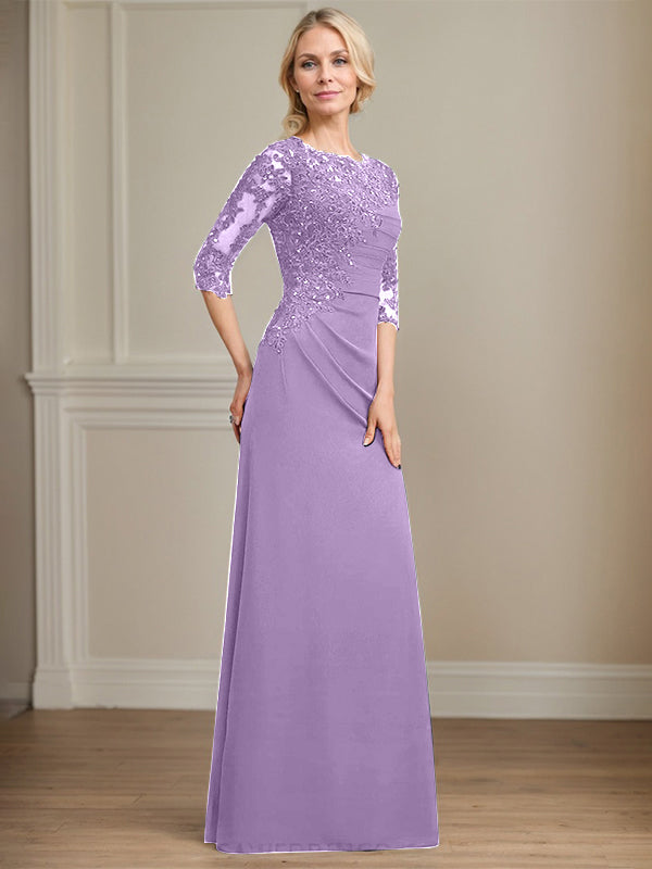 A-line Scoop Floor-Length Chiffon Lace Mother of the Bride Dress With Beading Pleated Sequins