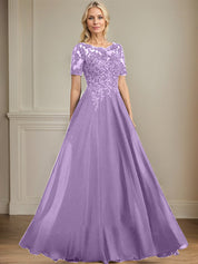 A-line Scoop Illusion Floor-Length Chiffon Lace Mother of the Bride Dress With Sequins Beading