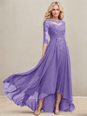 A-line Scoop Illusion Asymmetrical Lace Chiffon Mother of the Bride Dress With Pleated Sequins