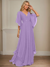 A-line V-Neck Floor-Length Chiffon Mother of the Bride Dress With Sequins Appliques Lace Beading