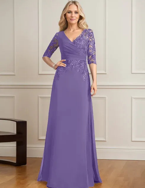 Robe de mère de la mariée trapèze, col en V, longueur au sol, en mousseline de soie et dentelle, avec sequins plissés 