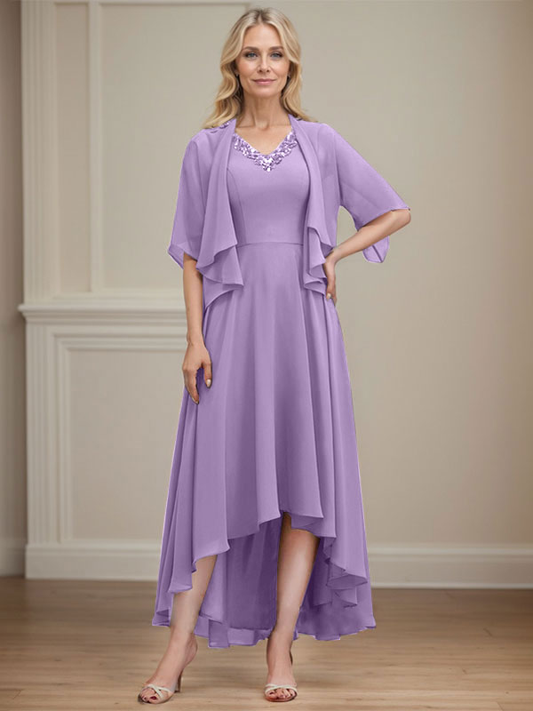 A-line V-Neck Asymmetrical Chiffon Mother of the Bride Dress With Beading Sequins