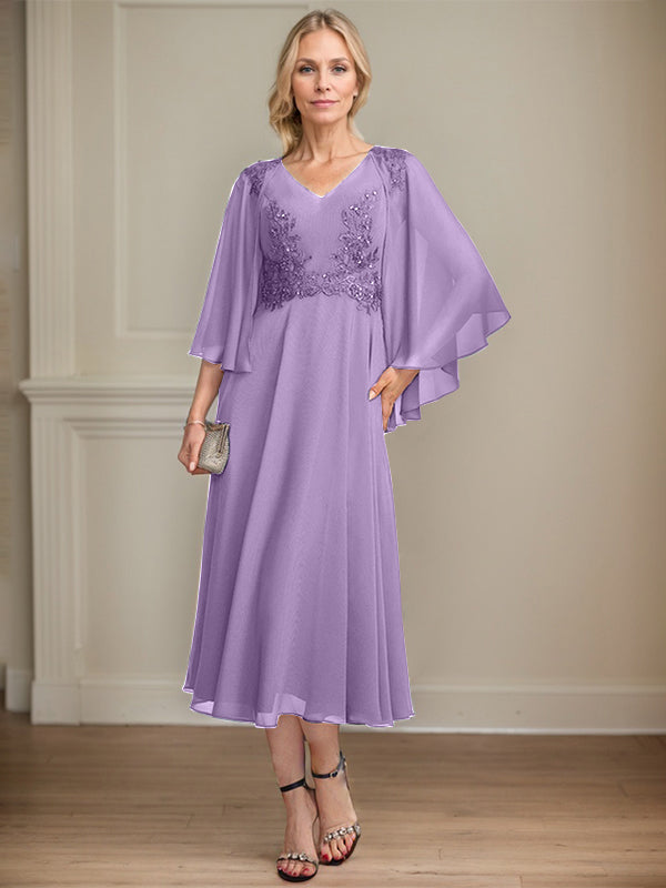 A-line V-Neck Tea-Length Chiffon Lace Mother of the Bride Dress With Beading Sequins