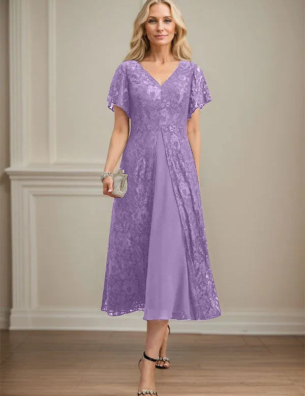 A-line V-Neck Tea-Length Lace Chiffon Mother of the Bride Dress
