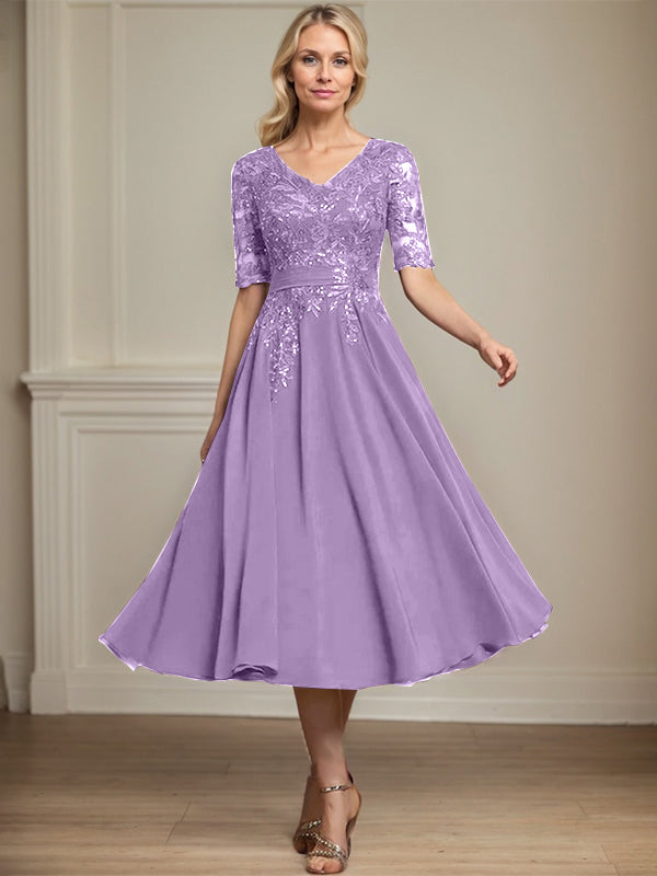 A-line V-Neck Tea-Length Lace Chiffon Mother of the Bride Dress With Sequins