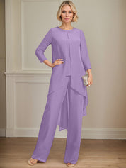 Separates Jumpsuit/Pantsuit Scoop Floor-Length Chiffon Mother of the Bride Dress With Sequins Beading