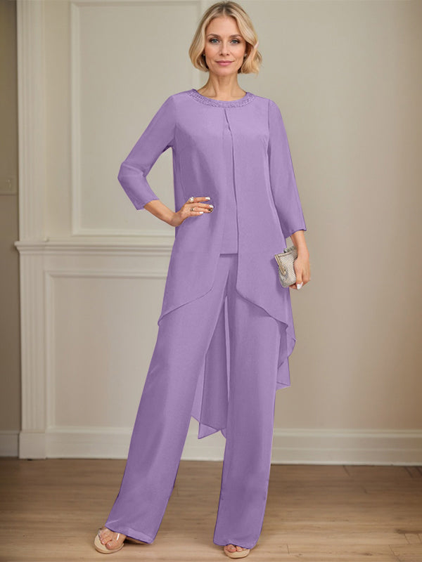 Separates Jumpsuit/Pantsuit Scoop Floor-Length Chiffon Mother of the Bride Dress With Sequins Beading