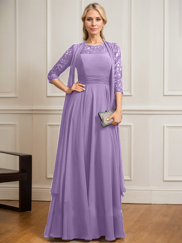 A-line Scoop Illusion Floor-Length Lace Chiffon Mother of the Bride Dress With Pleated