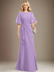 A-line Scoop Floor-Length Chiffon Mother of the Bride Dress With Cascading Ruffles Beading Sequins