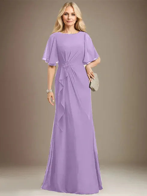 A-line Scoop Floor-Length Chiffon Mother of the Bride Dress With Cascading Ruffles Beading Sequins