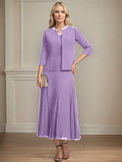 Separates A-line Scoop Tea-Length Chiffon Mother of the Bride Dress With Sequins Beading
