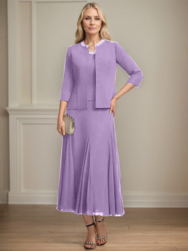 Separates A-line Scoop Tea-Length Chiffon Mother of the Bride Dress With Sequins Beading