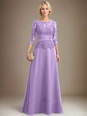 A-line Scoop Illusion Floor-Length Chiffon Lace Mother of the Bride Dress With Pleated Sequins Beading