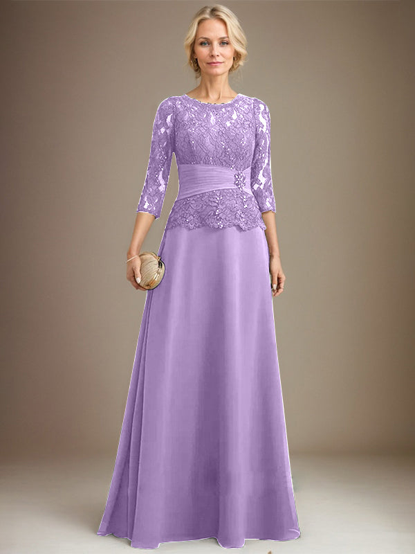 A-line Scoop Illusion Floor-Length Chiffon Lace Mother of the Bride Dress With Pleated Sequins Beading