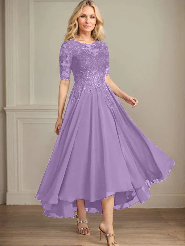 A-line Scoop Illusion Asymmetrical Chiffon Lace Mother of the Bride Dress With Sequins