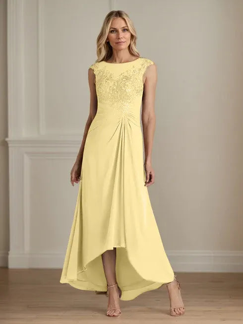 Champagne A-Line Scoop Lace Chiffon Dress