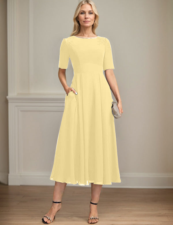 A-line Scoop Tea-Length Chiffon Mother of the Bride Dress With Appliques Lace Sequins