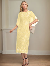 Sheath/Column Scoop Tea-Length Lace Chiffon Mother of the Bride Dress