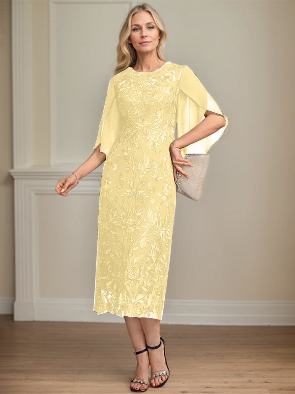 Column Scoop Tea-Length Lace Chiffon Mother of the Bride Dress