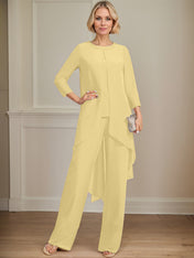 Separates Jumpsuit/Pantsuit Scoop Floor-Length Chiffon Mother of the Bride Dress With Sequins Beading