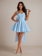 A-Line Square Neck Pleated Mini Homecoming Dress with Bow