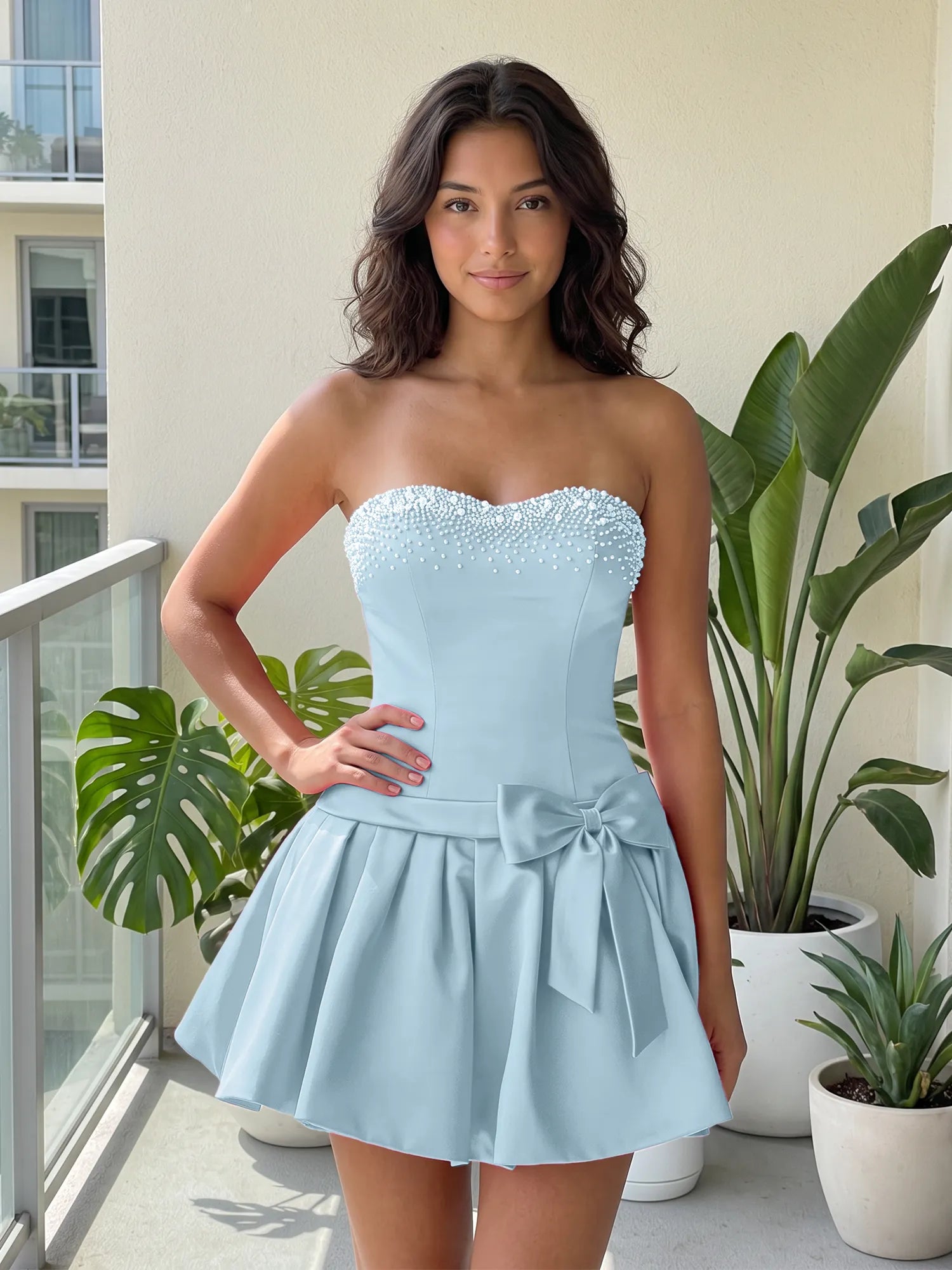 Fuchsia Pearl Corset Short Homecoming Dresses Large Waist Bow Lace Up Back