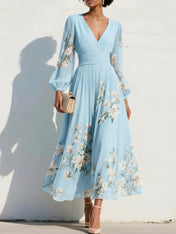 Elegant Floral V-Neck Pleated Midi Dress with Long Sleeves