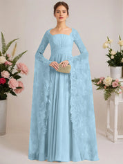 A-line Square Floor-Length Chiffon Lace Evening Dress With Beading Pleated