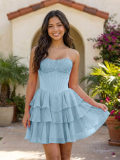 Pink Lace Strapless Corset Mini Dress Tiered Chiffon Skirt Lace Up Back Homecoming Dresses