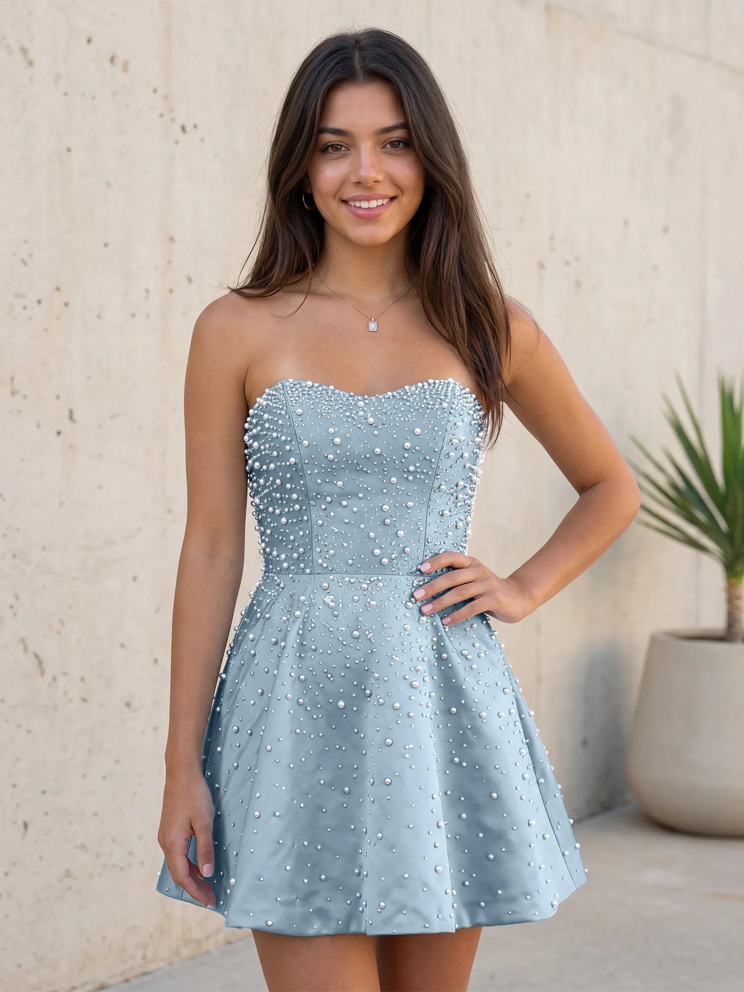 Baby Blue All Over Pearl Strapless Satin A-Line Mini Homecoming Dresses