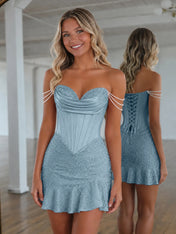 Sweetheart Neck Pearl Strap Beaded Mini Homecoming Dress