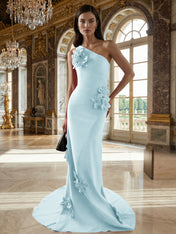 A Line One Shoulder Sleeveless Floor Length Stretch Crepe Dress With 3D Flowers