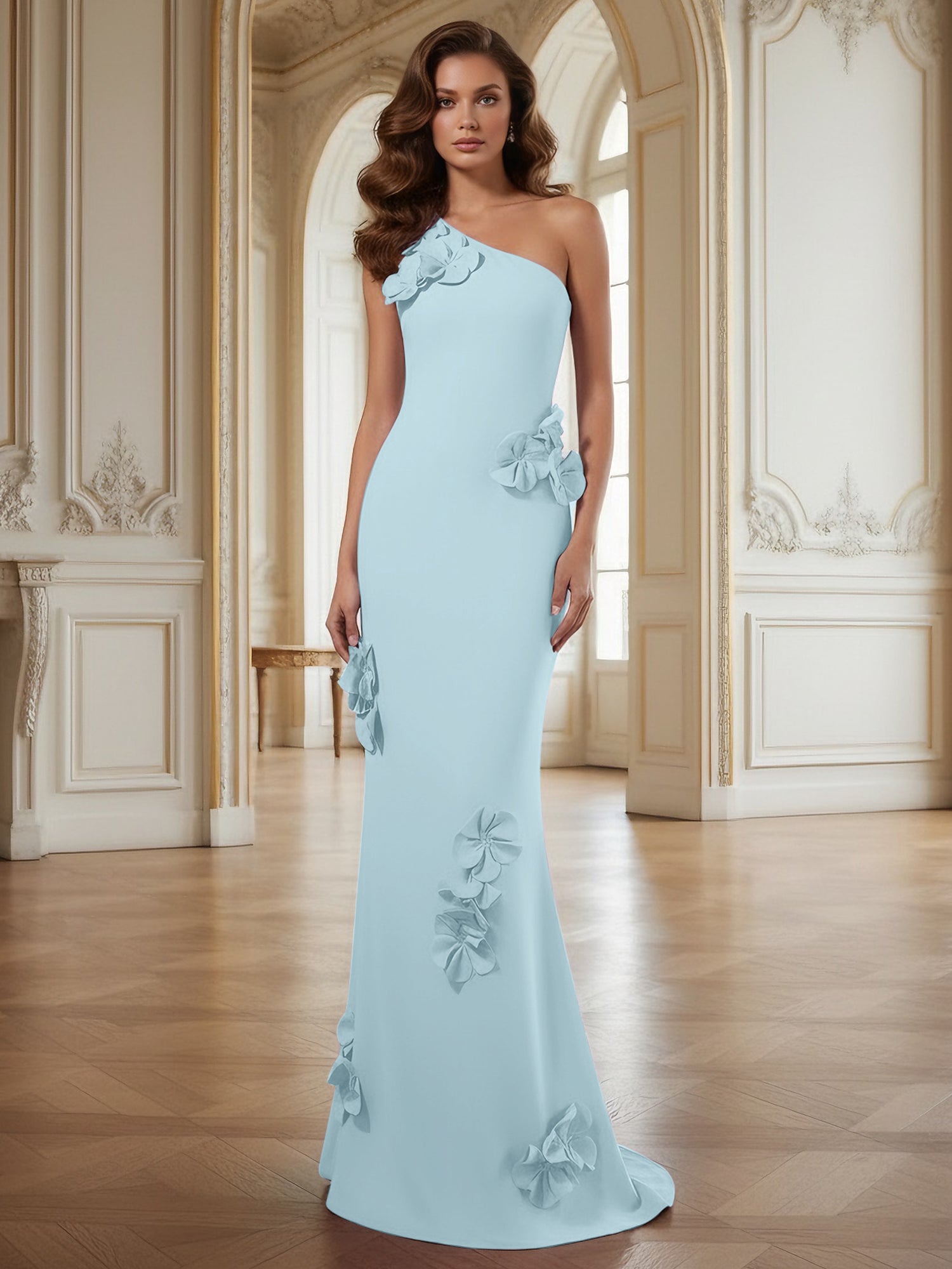 Cream One-Shoulder Prom Dress with Sculptural 3D Floral Appliqués