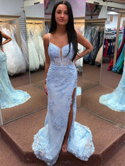 Light Blue 3D Floral Lace Long Corset Prom Dress with Slit