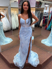 Light Blue 3D Floral Lace Long Corset Prom Dress with Slit