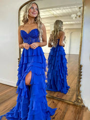 Light Blue A-Line Sweetheart Long Tiered Prom Dress with Slit