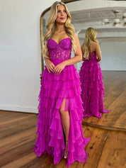 Light Blue A-Line Sweetheart Long Tiered Prom Dress with Slit