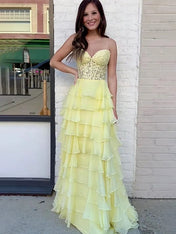 Light Blue A-Line Sweetheart Long Tiered Prom Dress with Slit