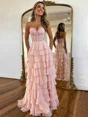 Light Blue A-Line Sweetheart Long Tiered Prom Dress with Slit