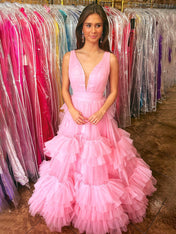 Light Blue A Line Tiered Ruffle Tulle Long Prom Dress
